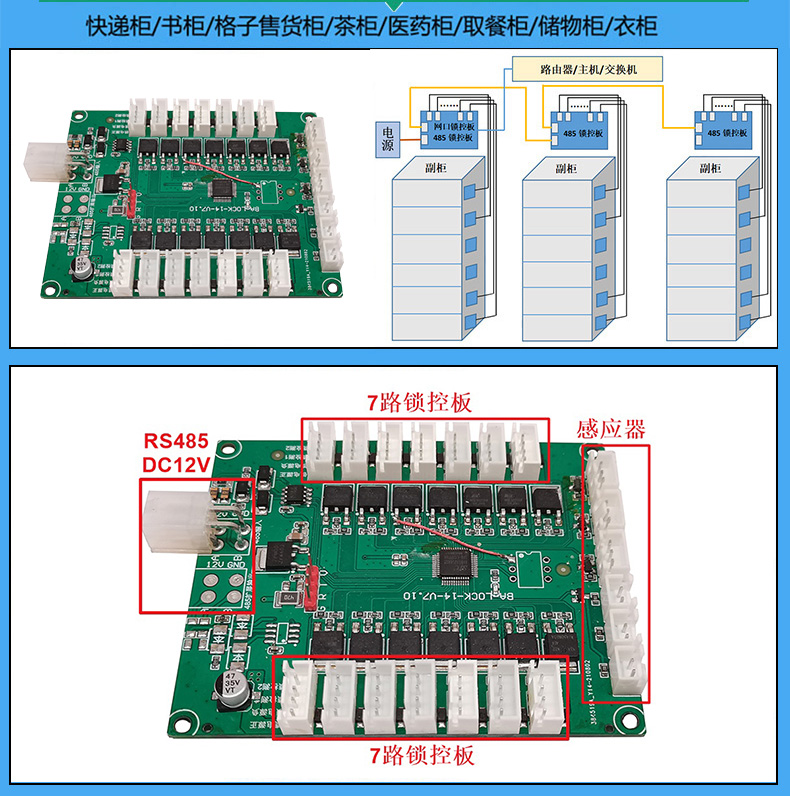 智能電子柜14路鎖控板電子鎖狀態(tài)檢測三路物體感應物聯(lián)工業(yè)PCBA方案485串口通訊定制開發(fā)軟件APP